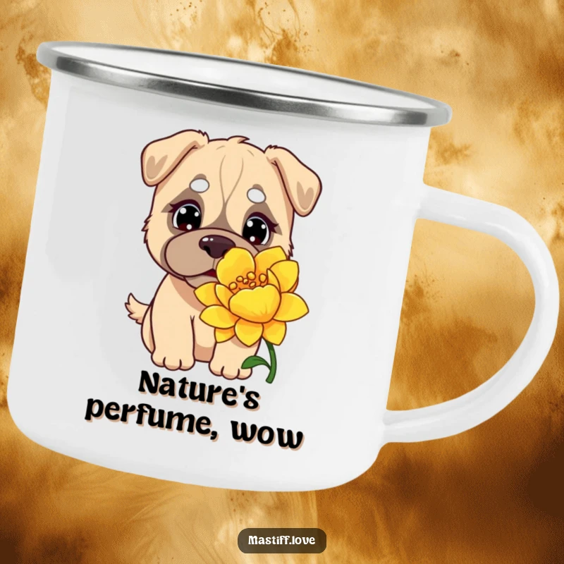 Funny Kawaii Mastiff Camping Mug: A curious mastiff with outdoor gear, sniffing a giant flower on a camping trip.
