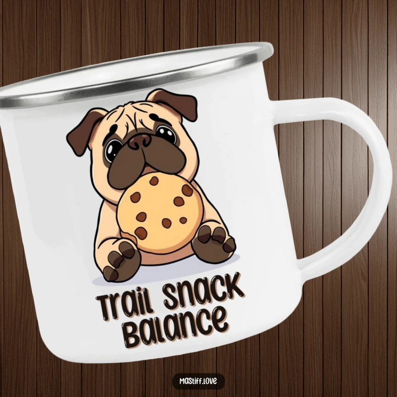 Funny kawaii mastiff camping mug, a cute dog attempting to balance a large cookie on its nose during outdoor adventures.