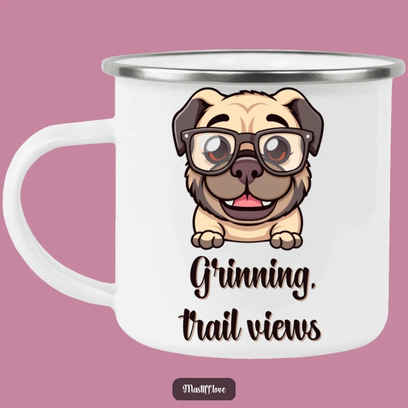 Funny Kawaii Mastiff Glasses Camping Mug: Goofy Grin, Outdoor Fun