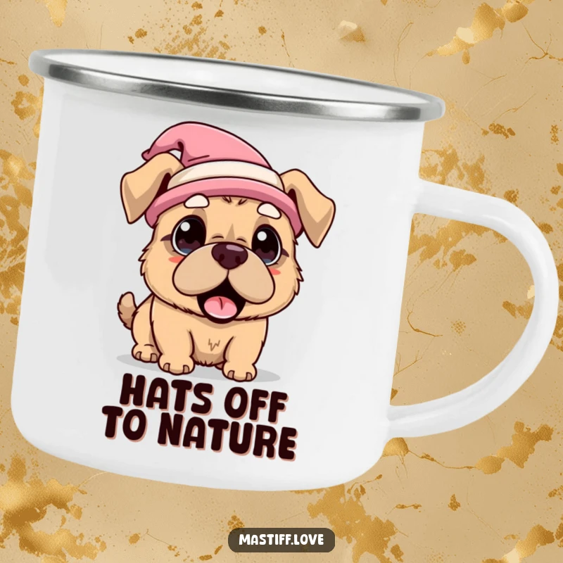 Funny Camping Mug with a kawaii mastiff dog wearing a funny hat and looking surprised, ideal for enjoying beverages outdoors.
