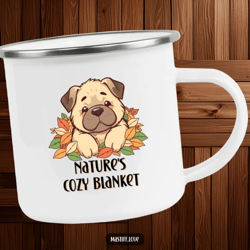 Funny Camping Mug with a kawaii mastiff dog buried in a pile of autumn leaves, ready for your favorite hot beverage.