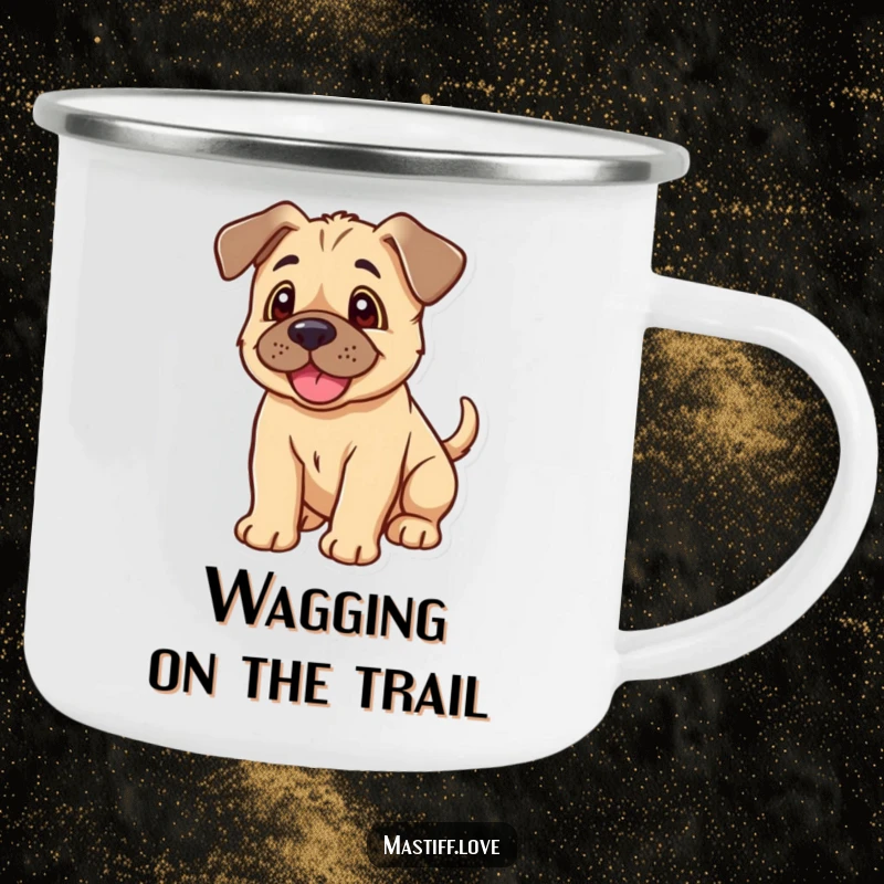 Funny Kawaii Mastiff Puppy Camping Mug: Enamel mug with a happy mastiff puppy, floppy ears, and wagging tail for outdoor enjoyment.