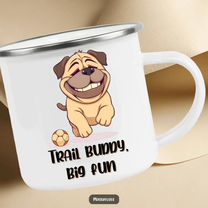 Funny camping mug with a dopey-grinned Mastiff chasing a tiny ball, perfect for outdoor adventures and dog lovers.