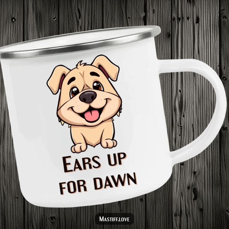Funny camping mug featuring a smiling mastiff whose ears are perked up, showing pure excitement for adventure.