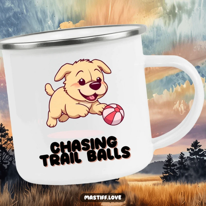 Funny mastiff camping mug showcasing a playful dog chasing a tiny bouncy ball, ideal for adventurers who love humor and play.