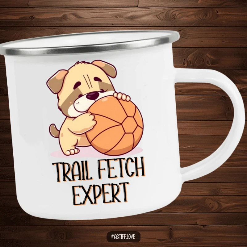 Funny mastiff camping mug showing a cute character playfully nudging a large ball, ideal for outdoor fun.