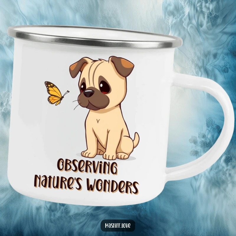 Funny mastiff tilting its head curiously, watching a butterfly, on a sturdy camping mug for outdoor contemplation.