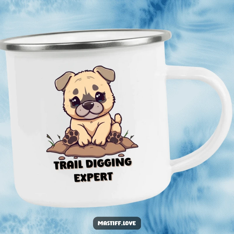 Funny Mastiff Camping Mug showing a small mastiff puppy digging with oversized paw prints, perfect for outdoor enthusiasts who love dogs and humor.