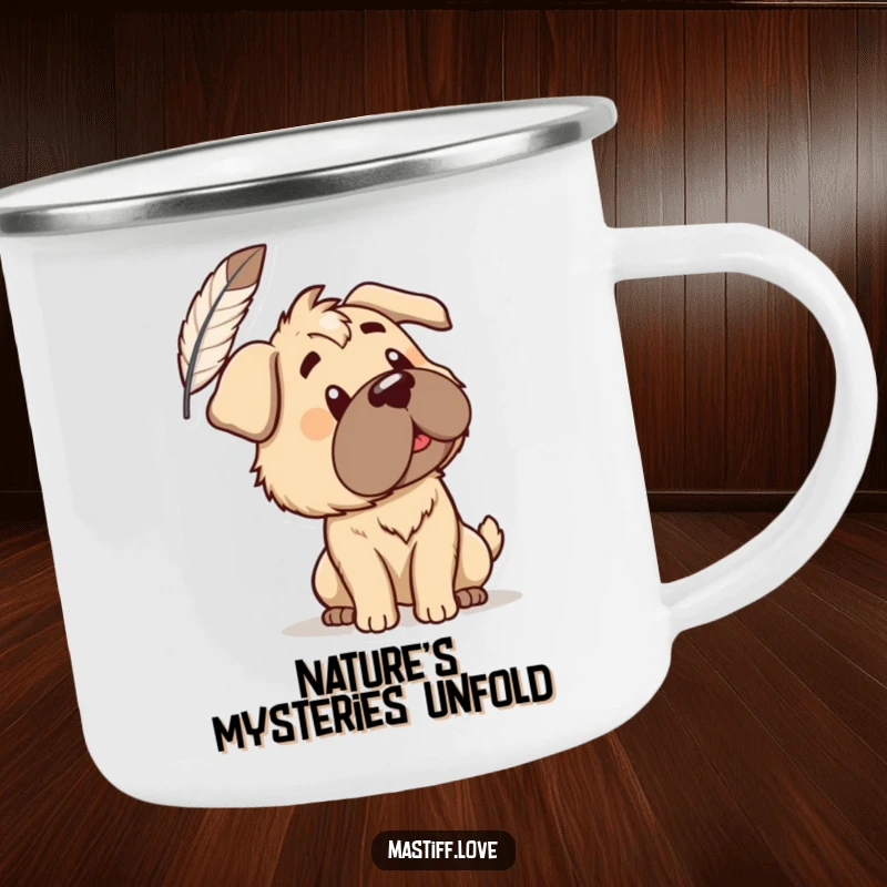 Funny Camping Mug: A curious mastiff tilts its head at a floating feather on this outdoor mug. A durable and amusing drinkware.