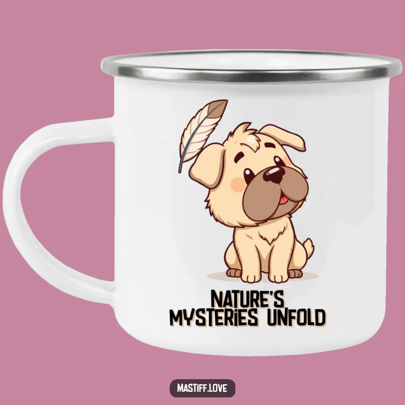 Funny Mastiff Feather Camping Mug: Adventure with Curiosity, The Perfect Outdoor Funny Gift!