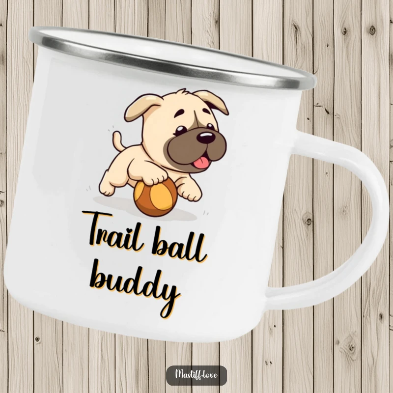 Funny cute mastiff puppy, playfully chasing a rolling ball, sturdy camping mug for outdoor fun, perfect funny gift.