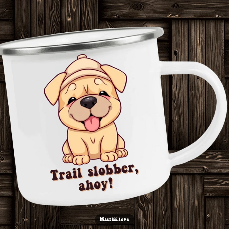 Funny Mastiff Puppy Camping Mug: a happy mastiff puppy wearing a hat, giving a lick, ready for outdoor fun and warm drinks.