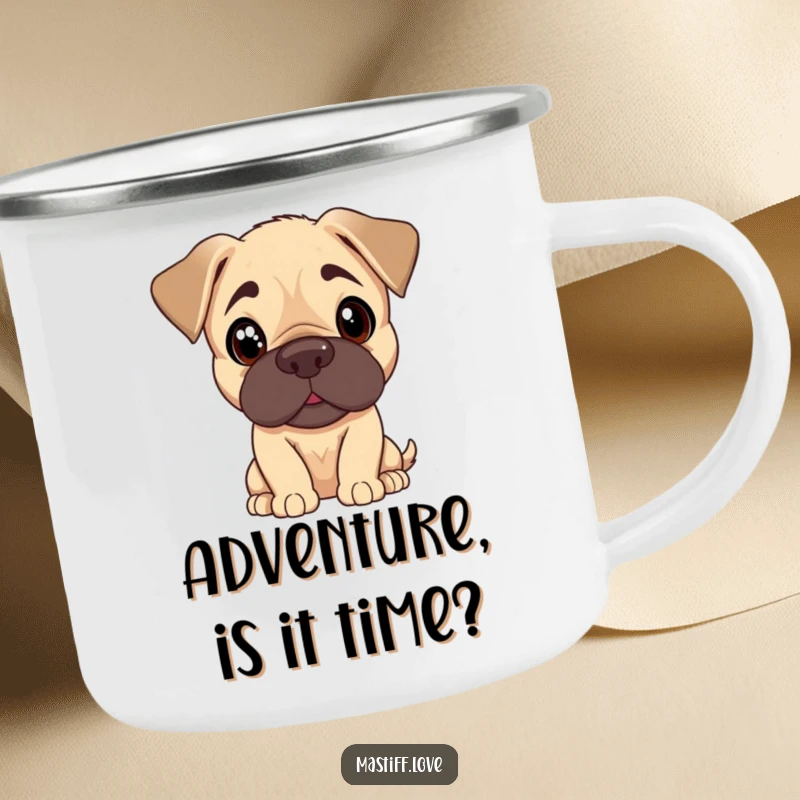 Funny camping mug with a Mastiff puppy tilting its head with curious, pleading eyes, great for outdoor trips.