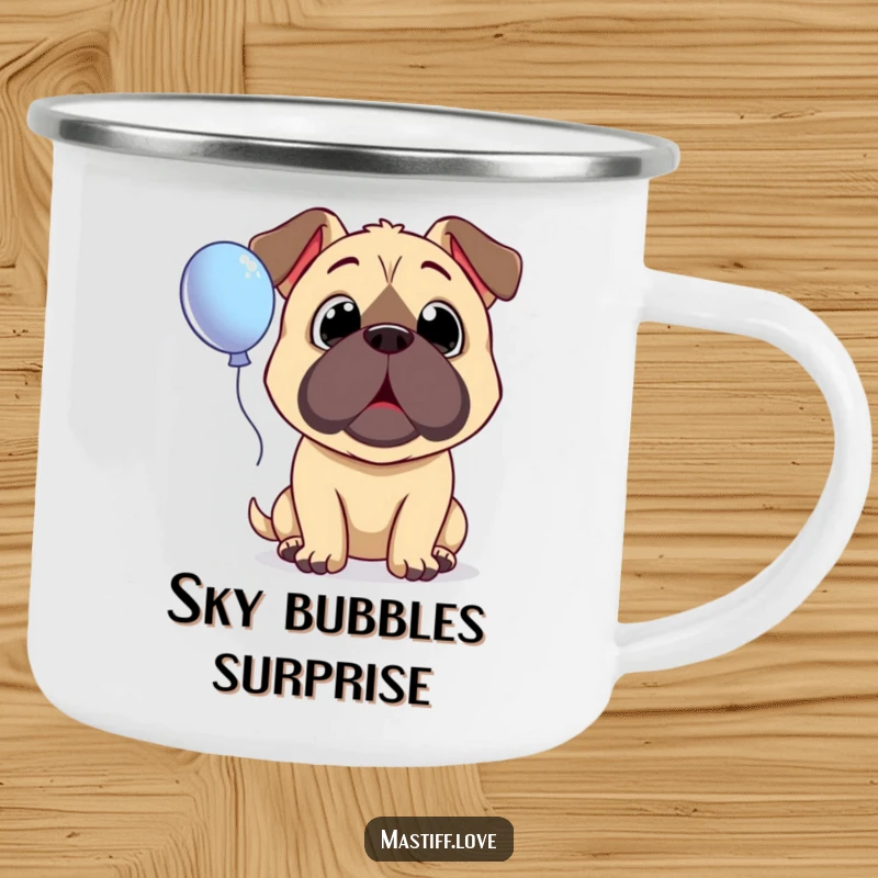 Funny Surprised Mastiff Camping Mug showing a dog with wide, innocent eyes looking up in amazement at a floating balloon.