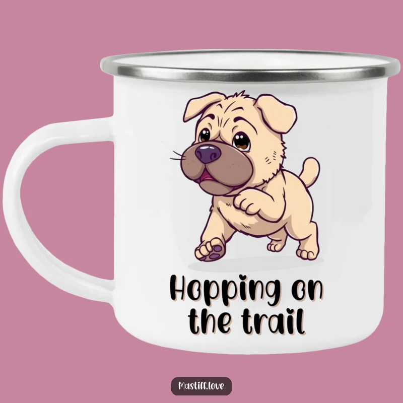 Clumsy Kawaii Mastiff Hop Camping Mug: Endearing Dog Trying to Hop, Outdoor Fun Funny Gift