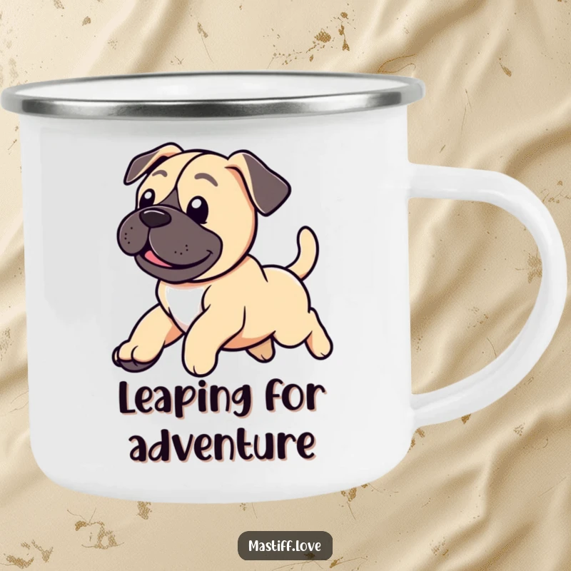 Funny camping mug featuring a cute mastiff puppy leaping with excitement, tail wagging, ready for outdoor fun.