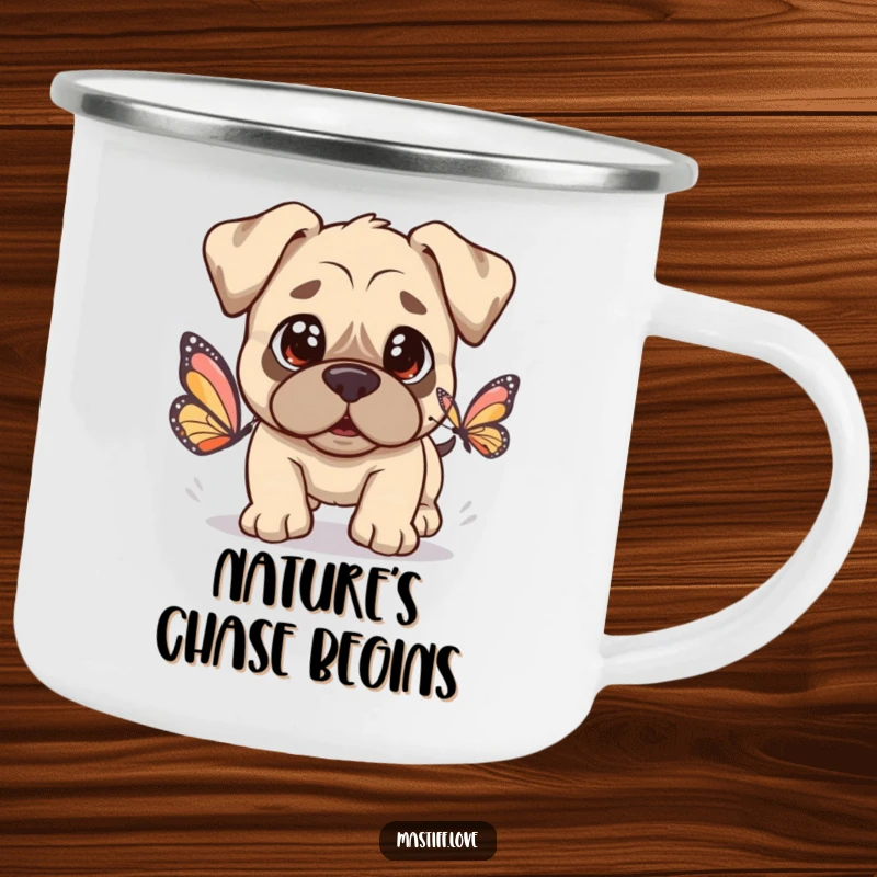 Kawaii Mastiff Camping Mug depicting a cute dog with innocent eyes chasing a butterfly, perfect for outdoor adventures.