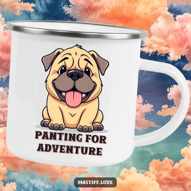 Funny mastiff camping mug showcasing a large, cuddly dog with a goofy smile, panting happily, ideal for outdoor enthusiasts.