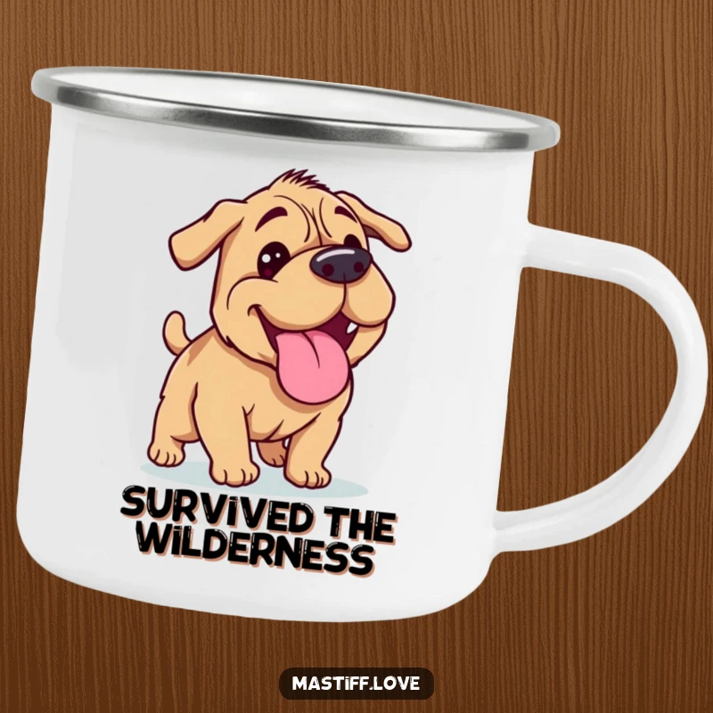 Funny camping mug with a Mastiff panting happily with its tongue out after a run, great for outdoor trips.
