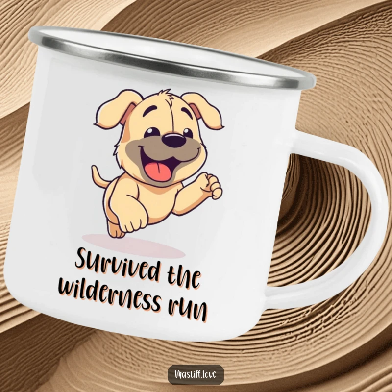 Funny Mastiff Camping Mug showing a joyful mastiff panting happily after a run, designed for durability and dog-loving fun.