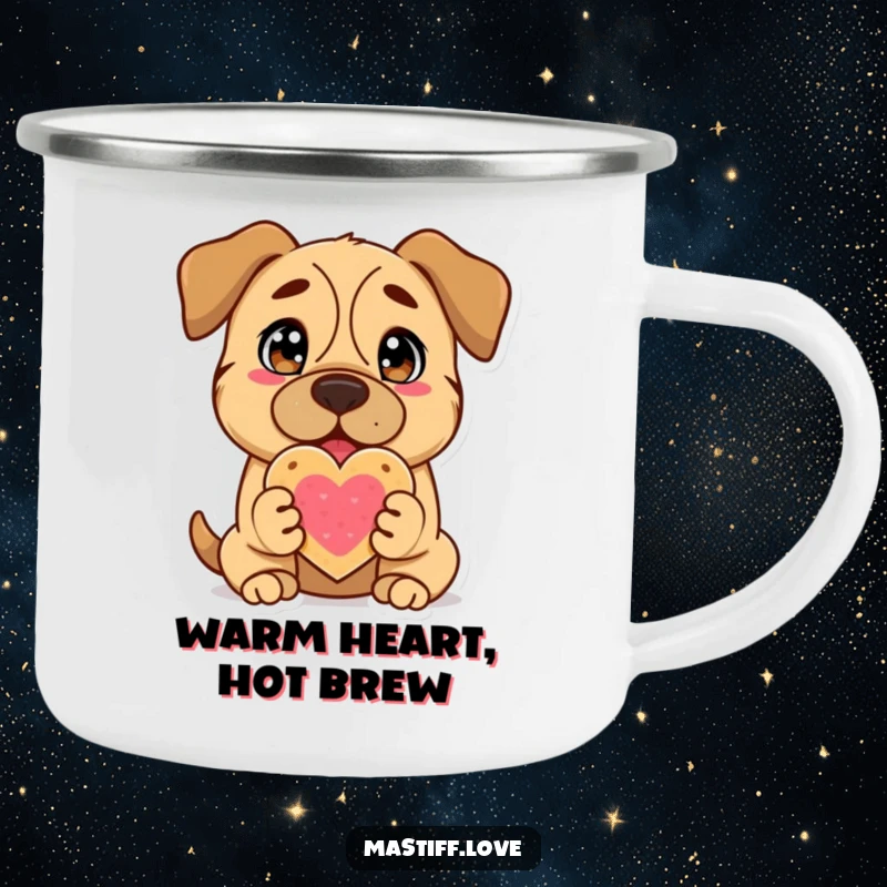 Funny Mastiff Camping Mug: A happy Mastiff offers a heart cookie, ready for adventure and morning coffee.