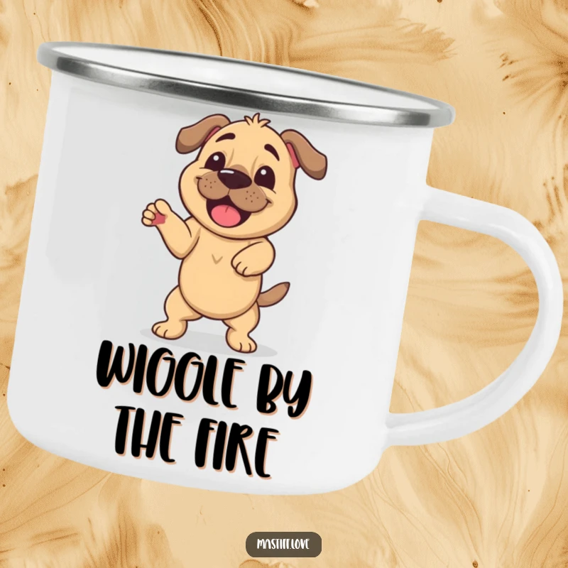 Funny camping mug featuring a happy mastiff doing a silly wiggle dance, perfect for humorous outdoor enjoyment.