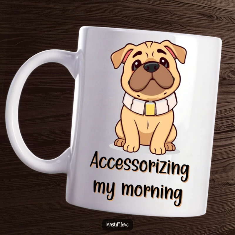 Funny Mastiff Mug: A big dog looks endearingly clumsy wearing an oversized collar, highlighting lovable goofiness.