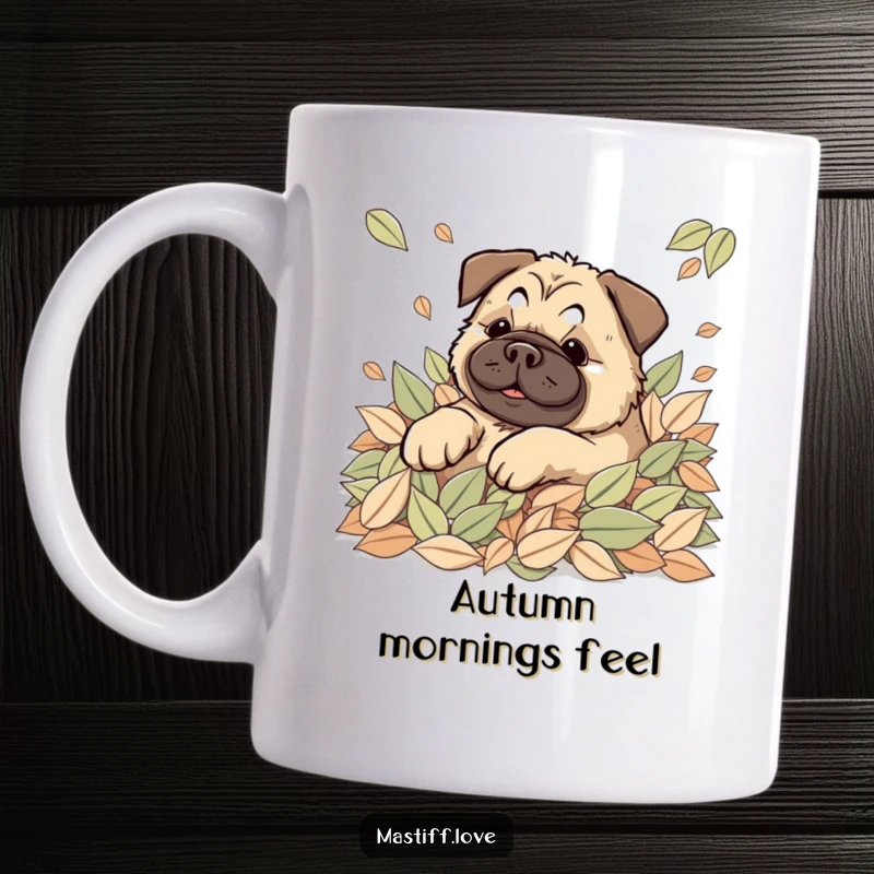 Kawaii Mastiff Mug showing a cute dog happily rolling in a pile of soft leaves, embodying autumn joy.