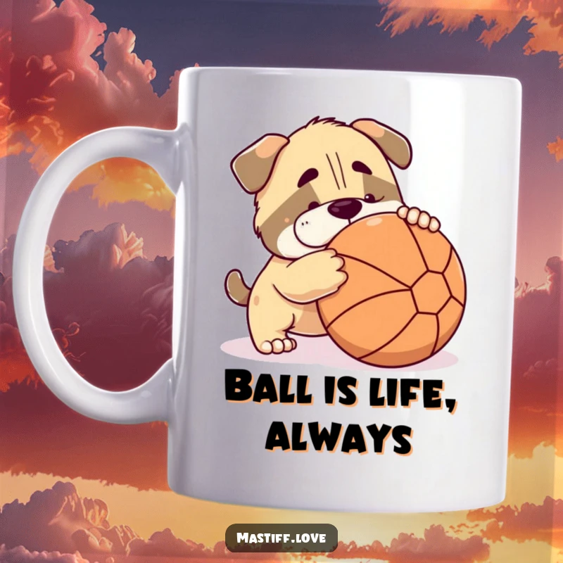 Funny mastiff mug featuring a cute mastiff character playfully nudging a large red ball with its nose, full of joy.