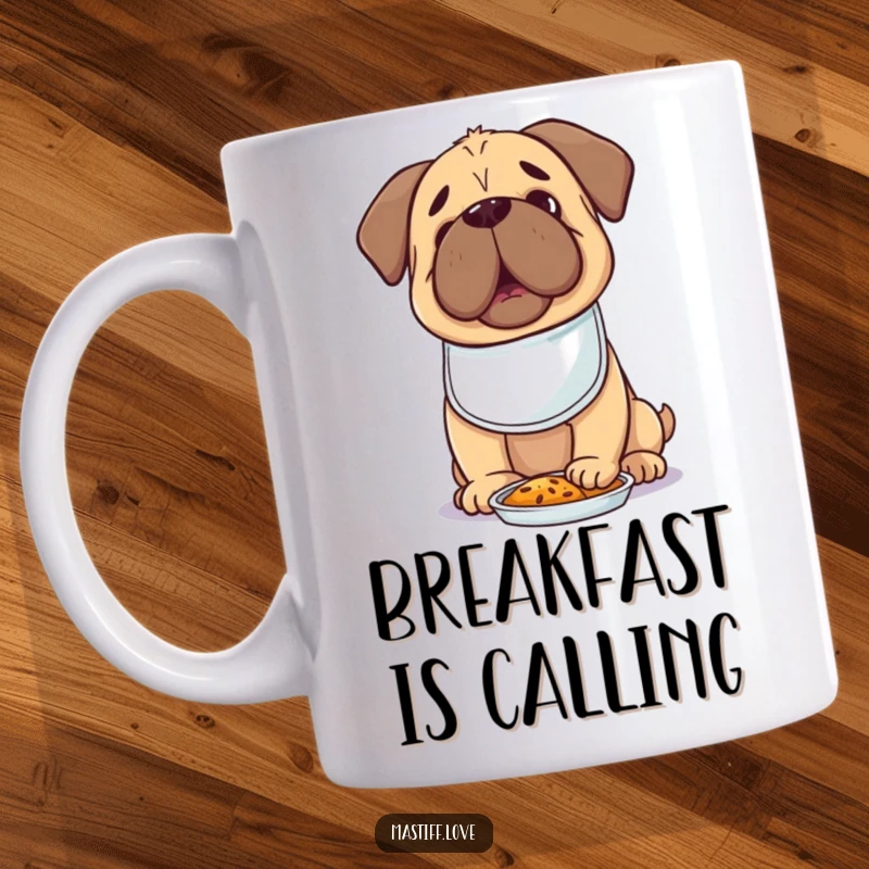Kawaii Mastiff Mug with a tiny bib, looking excitedly at food, embodying pure hunger and anticipation.