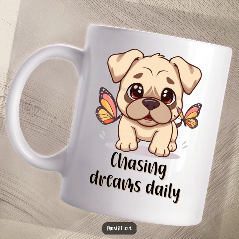 Kawaii Mastiff Mug with wide, innocent eyes, playfully chasing a fluttering butterfly, capturing pure joy and sweetness.