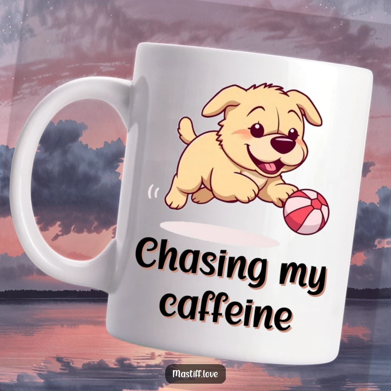 Funny mastiff mug depicting a playful dog enthusiastically chasing a ridiculously small bouncy ball, capturing joy and silly determination.