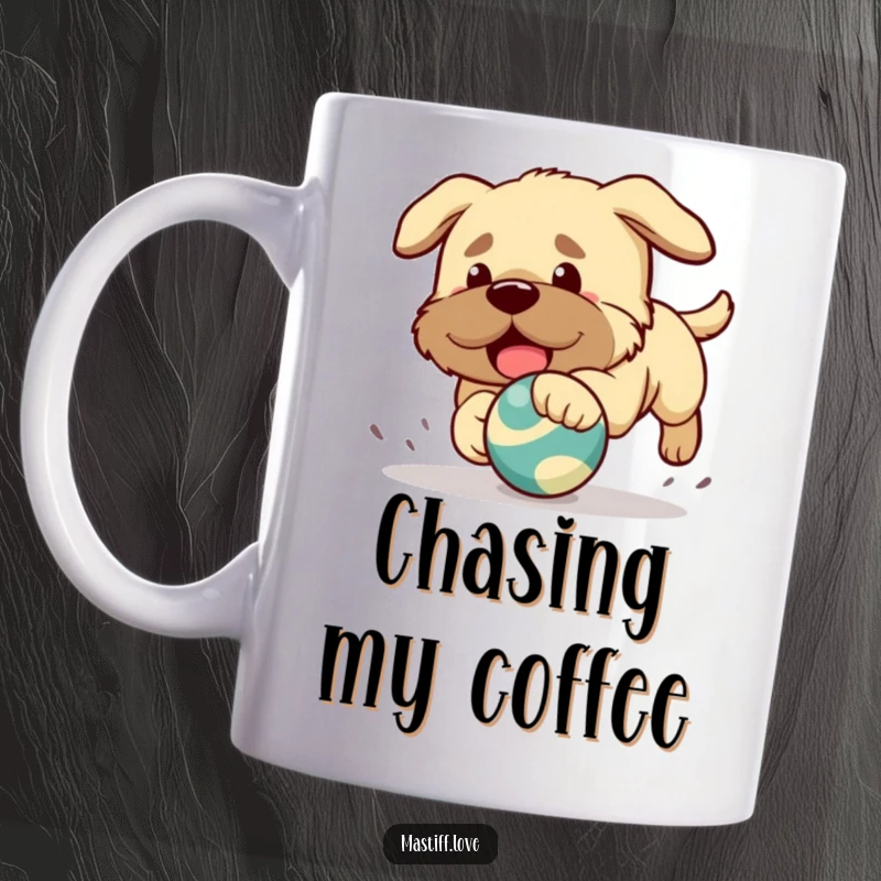 Funny mug depicting a Kawaii-style mastiff puppy playfully chasing after a brightly colored bouncing toy.