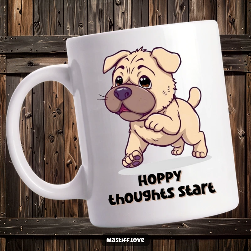 Kawaii Mastiff Mug showing a cute dog endearingly attempting to hop with a clumsy expression, perfect for laughs.