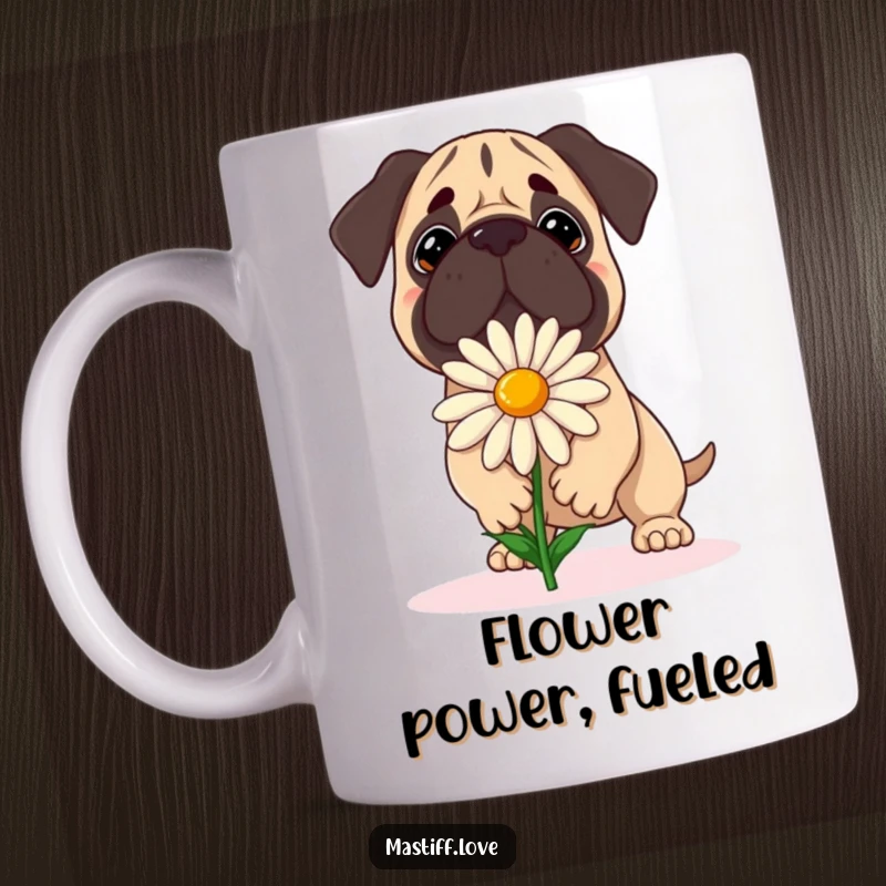 Funny Mastiff Mug: A dog attempts to balance a large daisy with a focused expression, showing gentle determination.