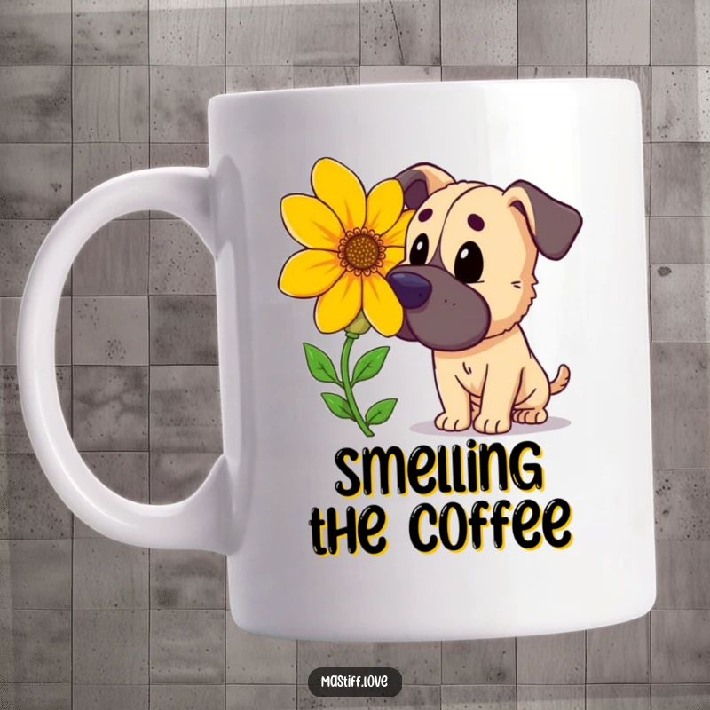 Funny curious mastiff, sniffing a large, brightly colored flower, cartoon dog art, perfect funny mug gift.