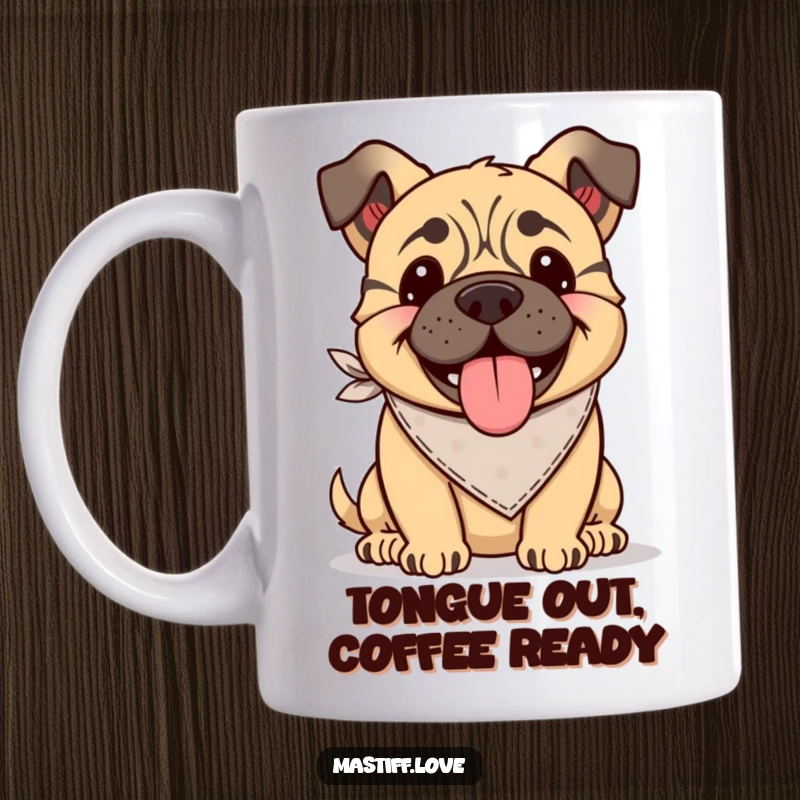 Funny Kawaii Mastiff Mug: A happy mastiff wearing a tiny bandana, tongue lolling out with pure joy.