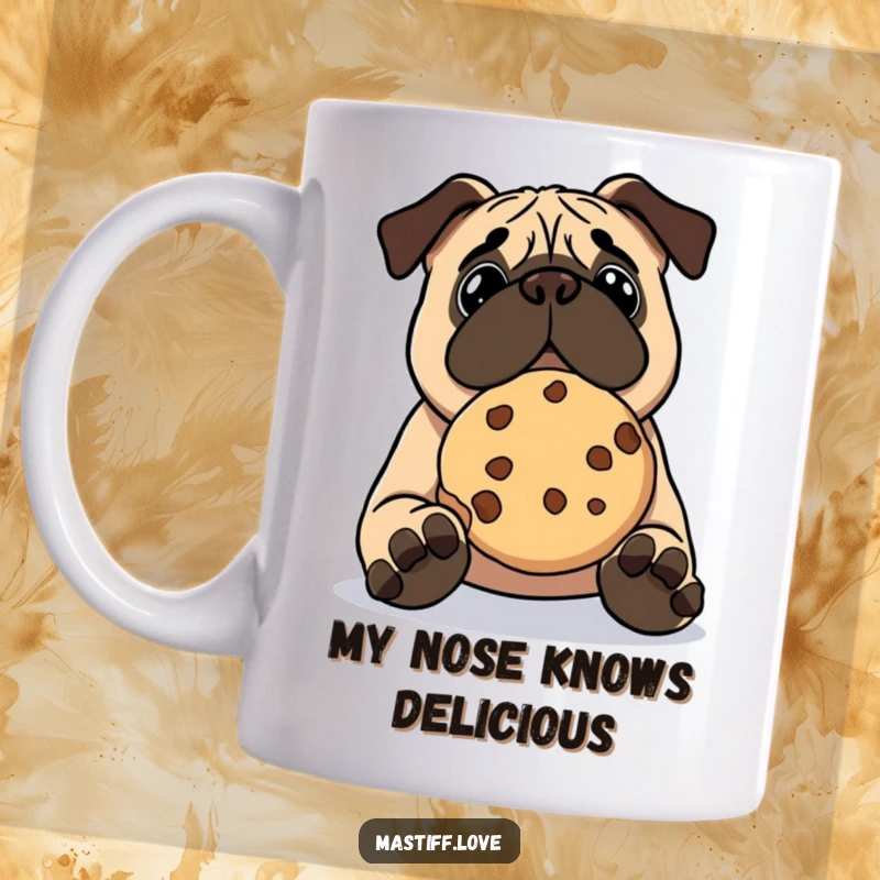 Funny kawaii mastiff mug, a cute dog struggling to balance a huge cookie on its nose, perfect for gift-givers.