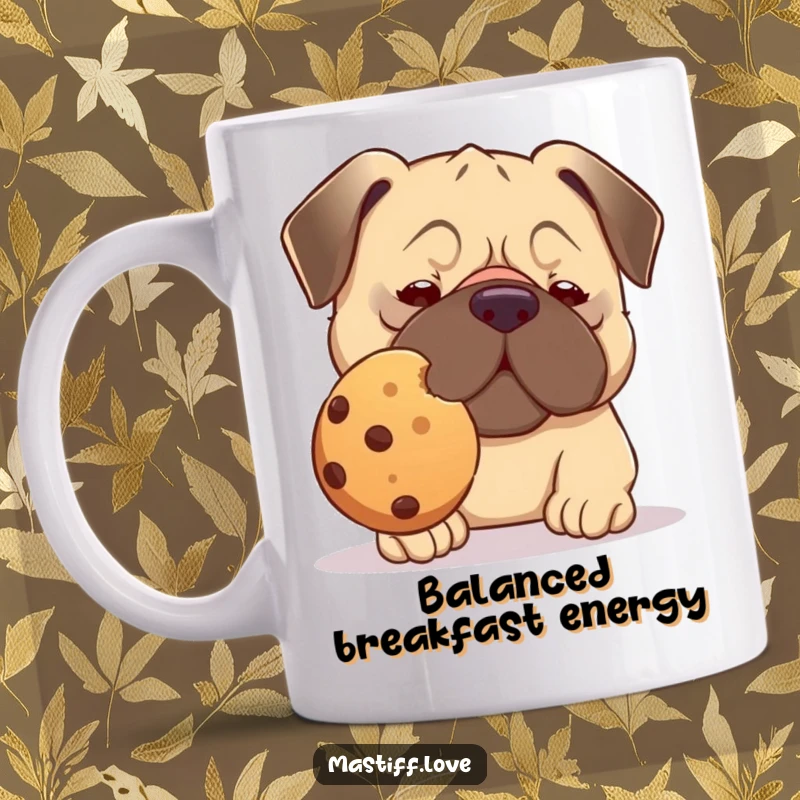 Funny kawaii mastiff mug, a cute dog concentrating to balance a giant cookie on its nose, showing focus and desire.