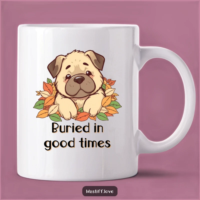 Funny Kawaii Mastiff Leaf Pile Mug, Comical Buried Dog Gift