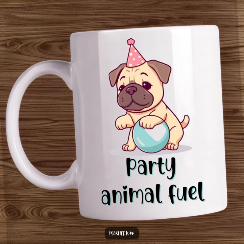 Funny kawaii mastiff mug, cute dog wearing a party hat, enthusiastically playing with a large ball, festive and fun.
