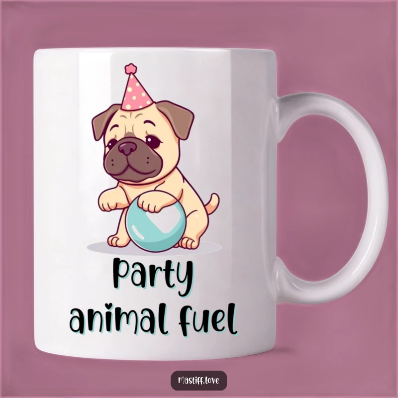 Funny Kawaii Mastiff Party Mug: Festive Pup & Ball, Perfect Humorous Gift