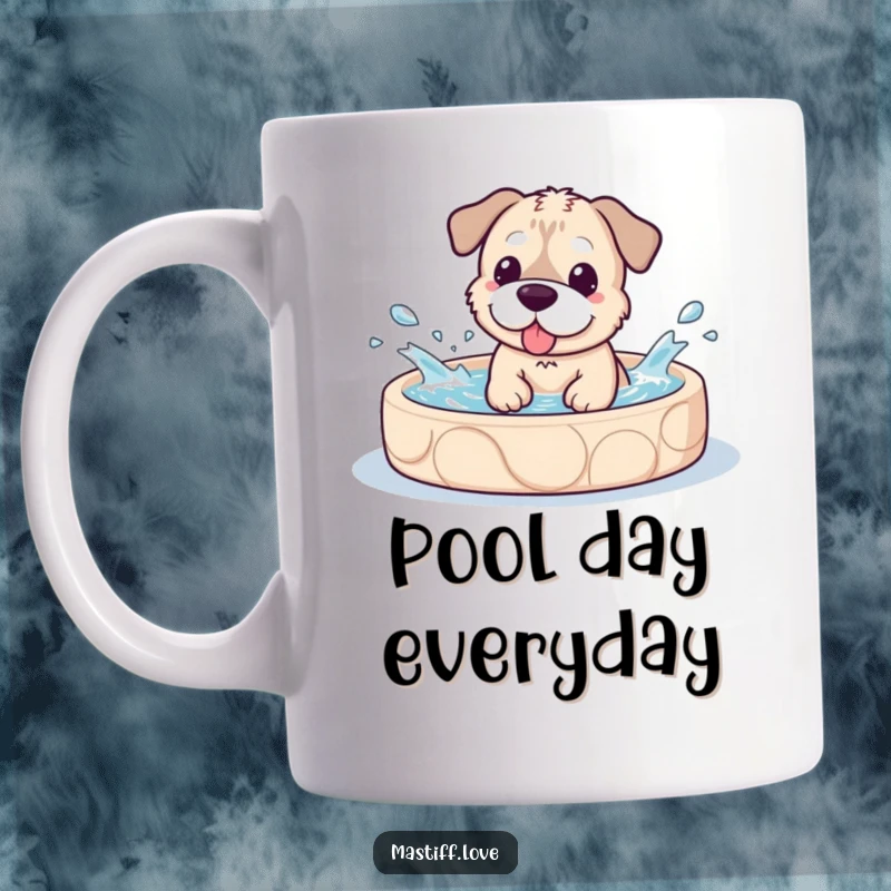 Funny Mug featuring an adorable kawaii mastiff dog happily splashing water in a small doggy pool, looking utterly delighted.