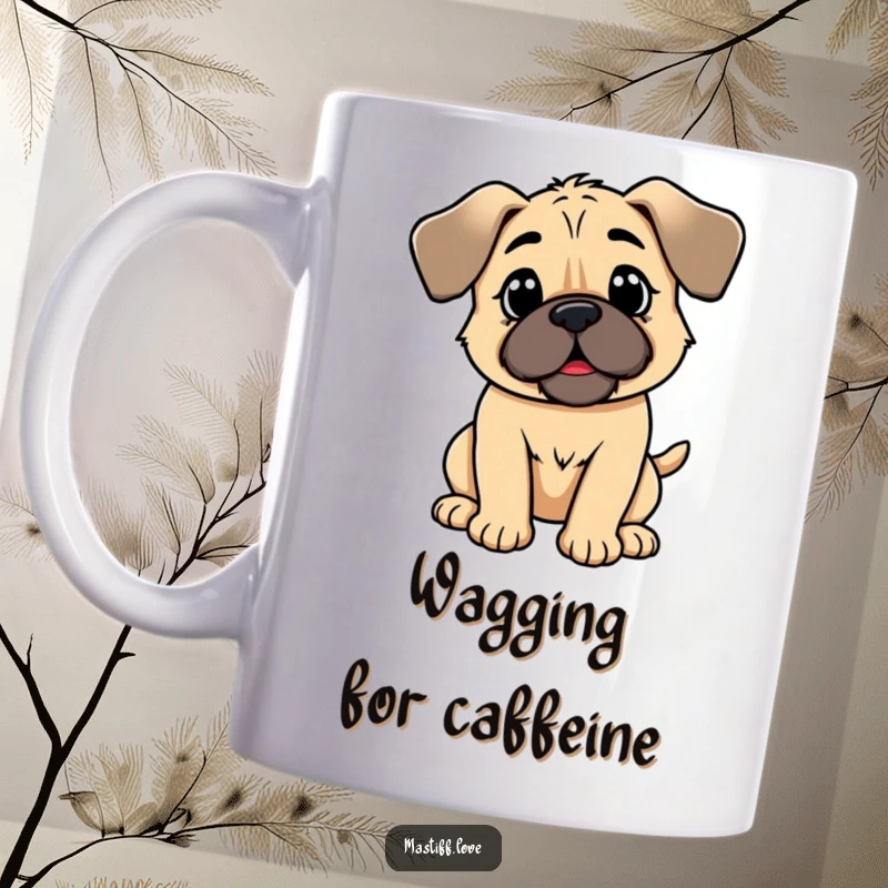 Funny kawaii mastiff mug, a happy dog with floppy ears wagging its tail enthusiastically, conveying pure joy and excitement.