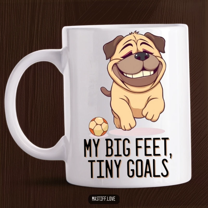 Funny large Mastiff mug with a dopey grin, enthusiastically chasing a tiny ball, showcasing its playful and lovable personality.