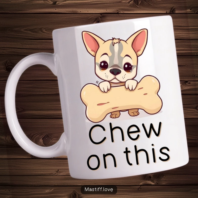 Funny mug featuring a small mastiff peeking mischievously from behind an oversized bone, a humorous and delightful gift for dog enthusiasts.