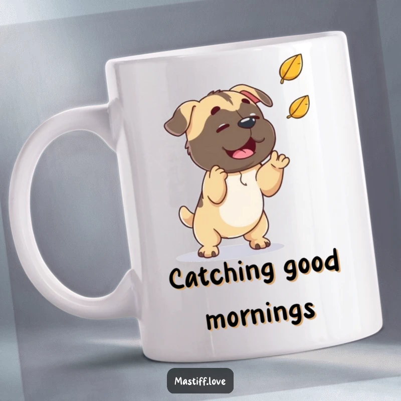 Funny playful mastiff, looking up, trying to catch a falling leaf, cartoon autumn dog, perfect funny mug gift.
