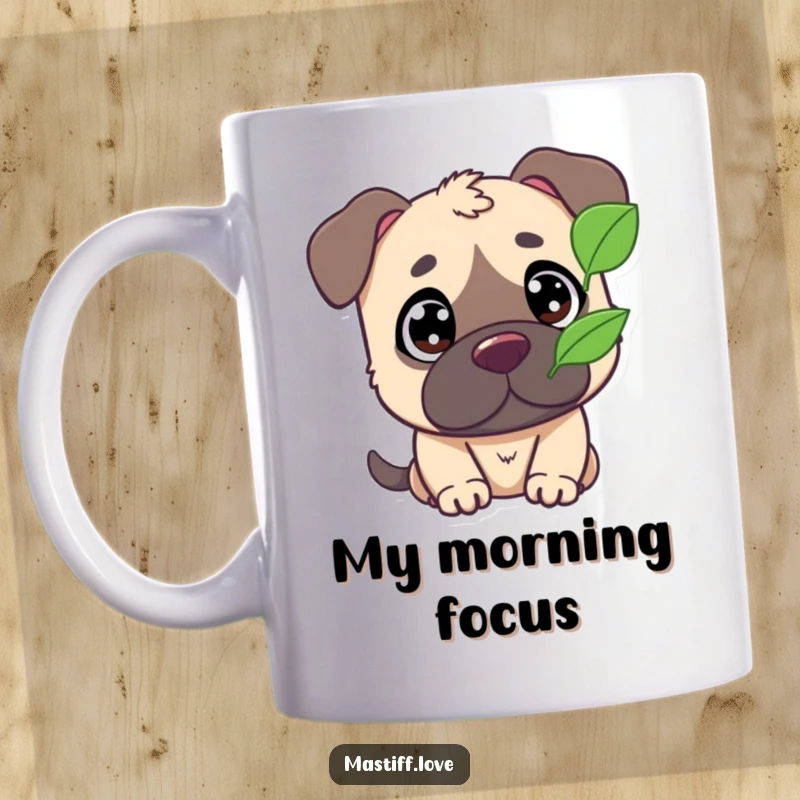 Funny mug with a cute mastiff character, its wide eyes intently focused on a single fluttering leaf.