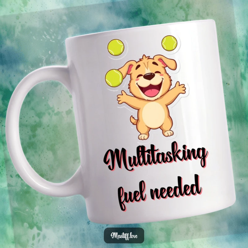 Funny mug with a happy mastiff character energetically juggling three bright tennis balls with great joy.