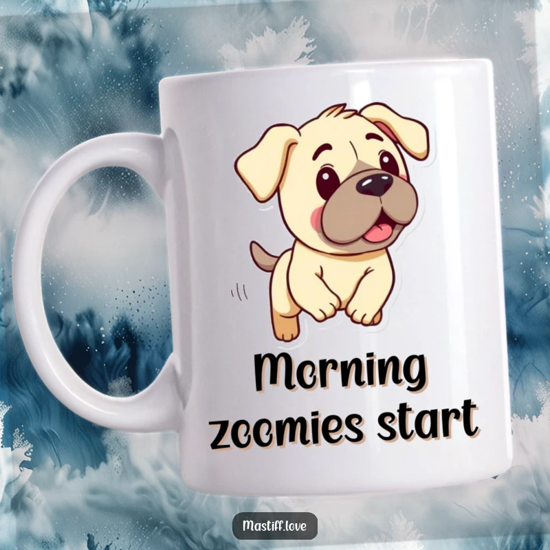 Funny mug with a cute kawaii mastiff character, its droopy ears flying as it playfully engages in a silly chase.